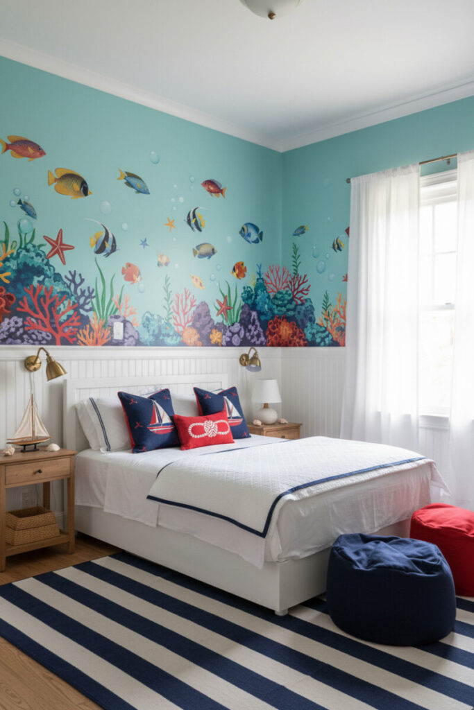 Marine life decals of coral reef and fish above beadboard, white quilted linens, striped rug, bright daylight.