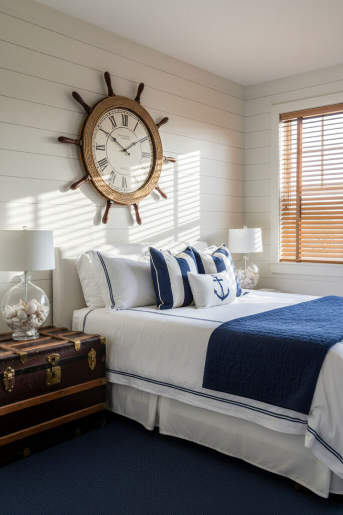 Ship-wheel clock wrapped in rope on shiplap, striped pillows, steamer trunk side table, dramatic morning sunlight.
