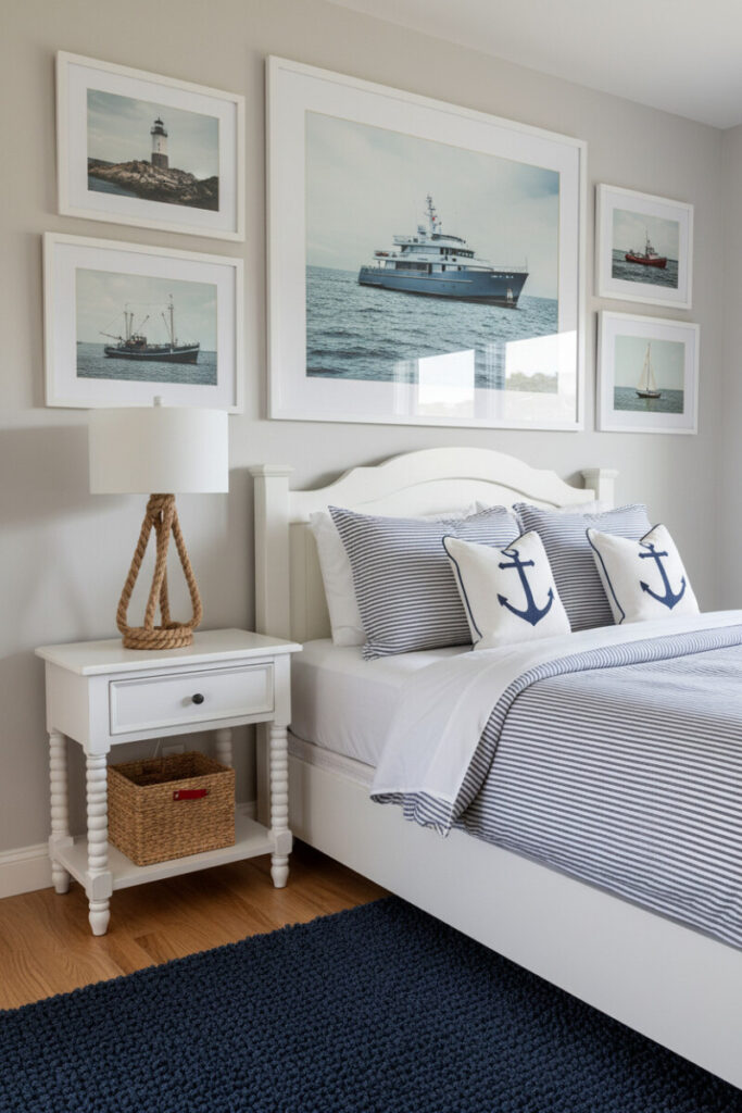 Gallery wall of moody seascapes over striped duvet, rope-base lamp, wicker basket, oak flooring, tranquil light.