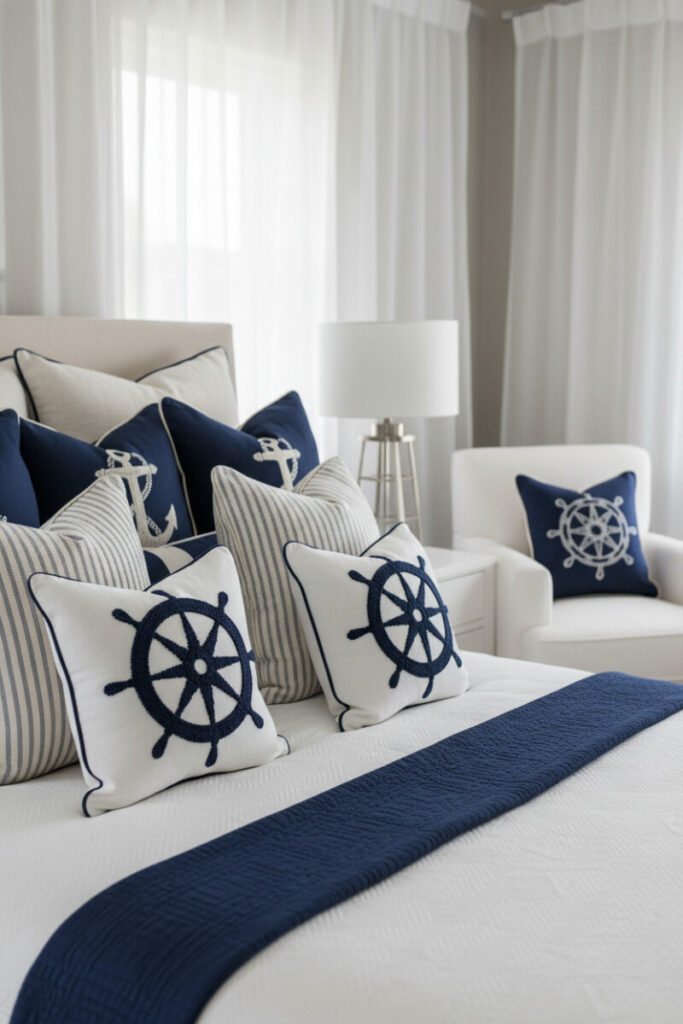 Layered pillows with anchors, ship wheels, ticking stripes on white matelassé duvet — elegant nautical bedroom ideas styling.
