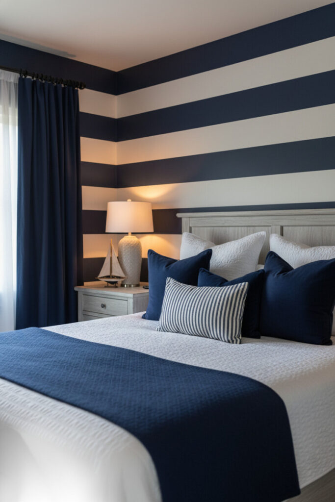 Modern interior featuring wide navy-and-white striped walls, driftwood headboard, velvet pillows, and bright daylight.