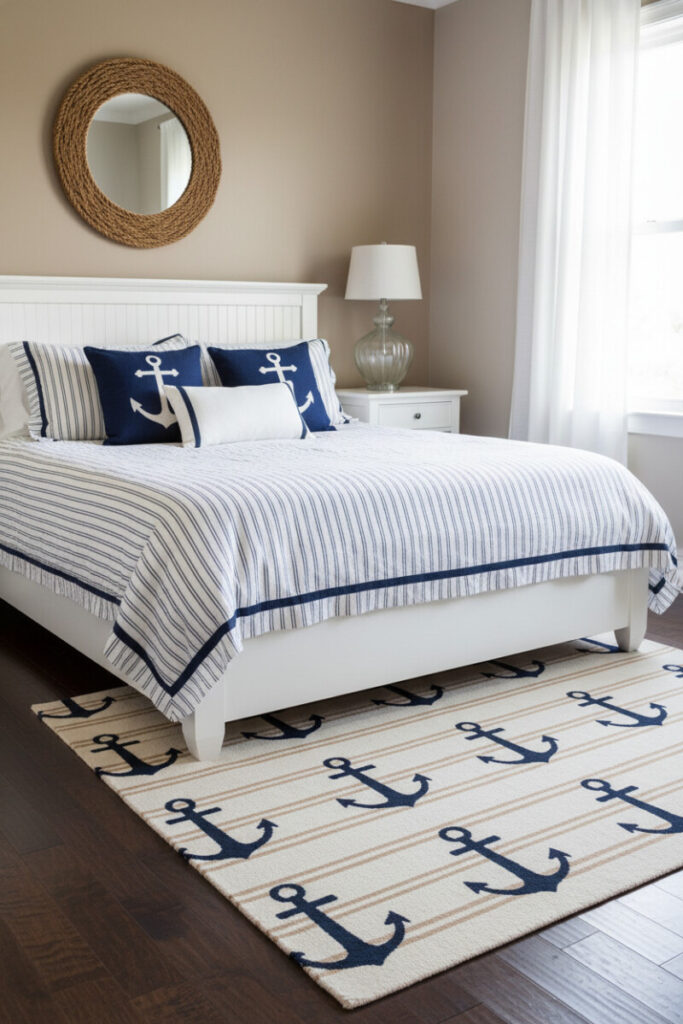 Rope-framed mirror above pinstripe linens, anchor-pattern rug, warm daylight reflecting off walnut floor.