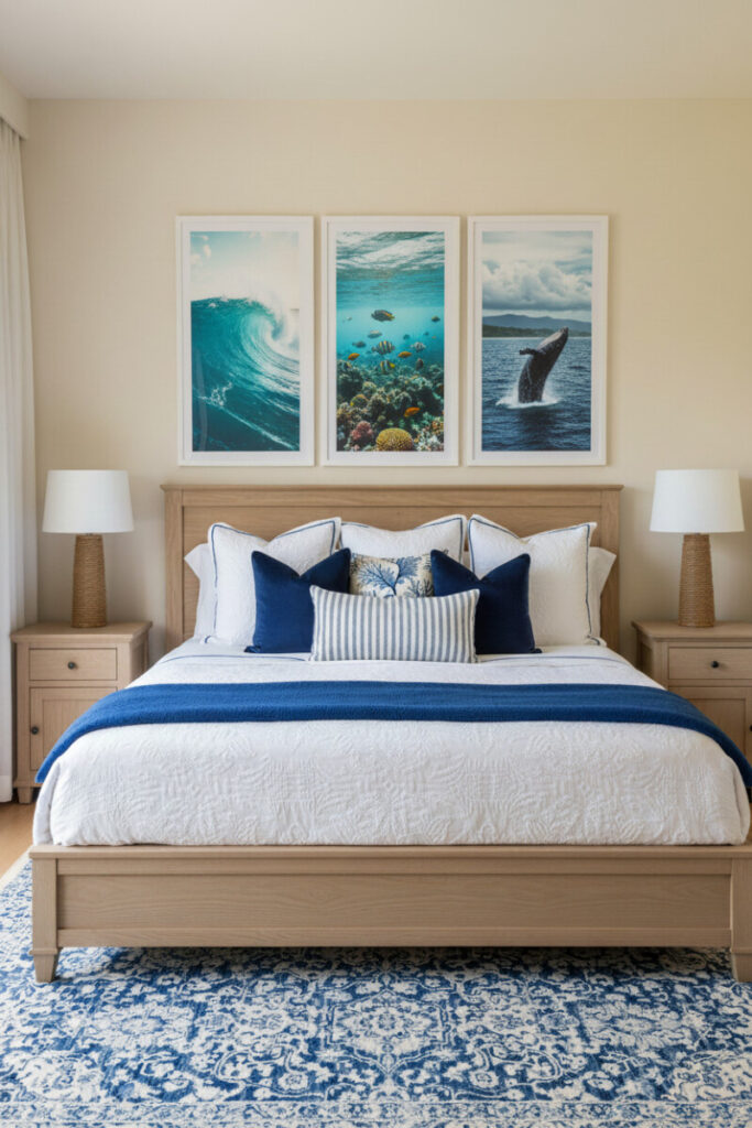 Oak frame with ocean art triptych—wave, reef, whale—white linens, jute lamps, indigo rug, serene lighting.