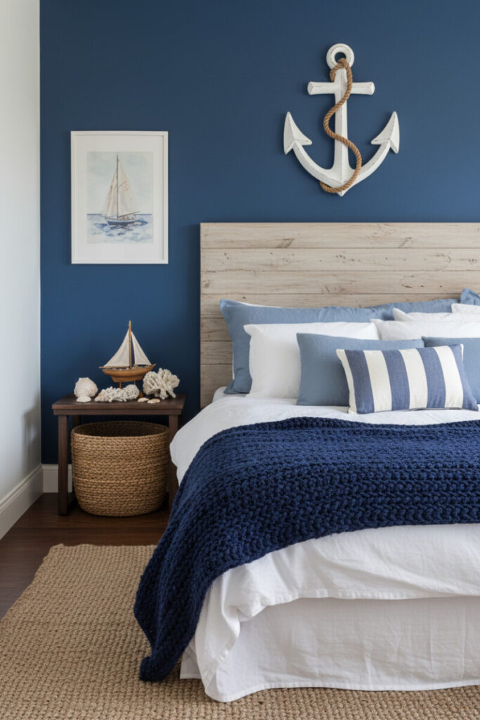 Ocean blue wall with driftwood headboard, navy knit throw, white anchor decor, seagrass basket at bedside.