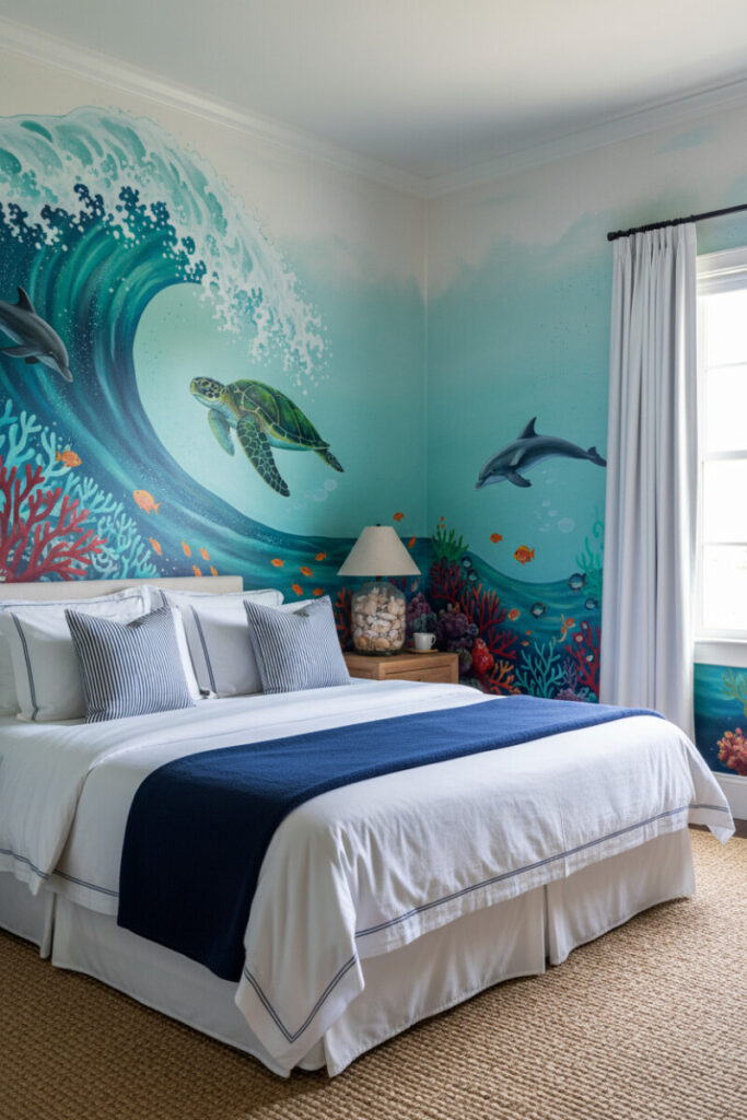 Hand-painted ocean wall mural of wave, sea turtle, dolphins; white linens, navy runner, sisal rug, artistic nautical interior design inspiration.