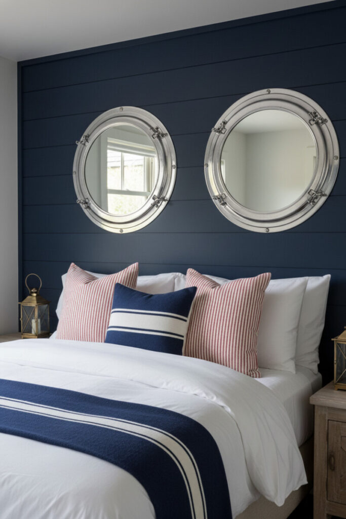 Navy shiplap with twin chrome porthole mirrors; white linens, striped navy runner, brass lanterns, polished calm.