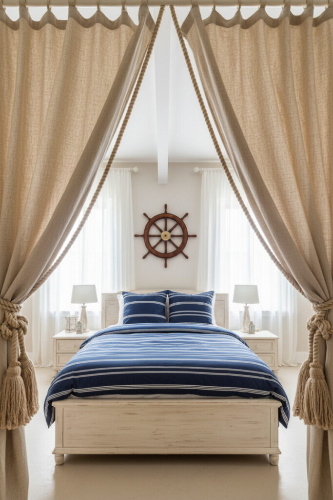 Burlap drapes tied with thick rope framing white frame, navy striped duvet, ship wheel accent, bright daylight.