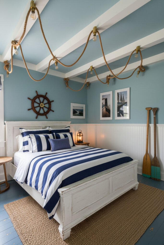 Rope lights swagged across pale blue ceiling, striped linens, lantern glow, rustic jute rug, cozy detail.