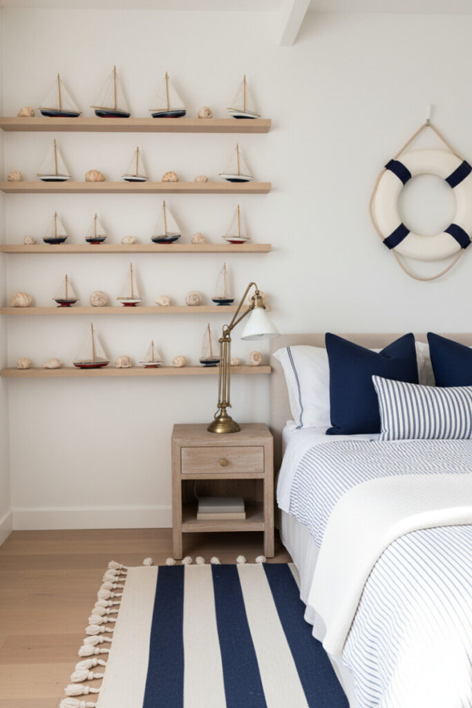 Floating shelves with sailboat displays and shells, crisp white linens, brass lamp, striped tassel rug — a classic coastal bedroom decor touch.