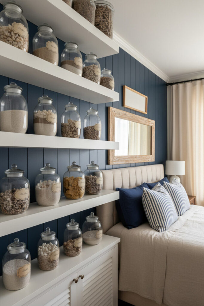 Sand-filled apothecary jars layered on white shelves, tufted linen headboard, striped pillows, rustic mirror.