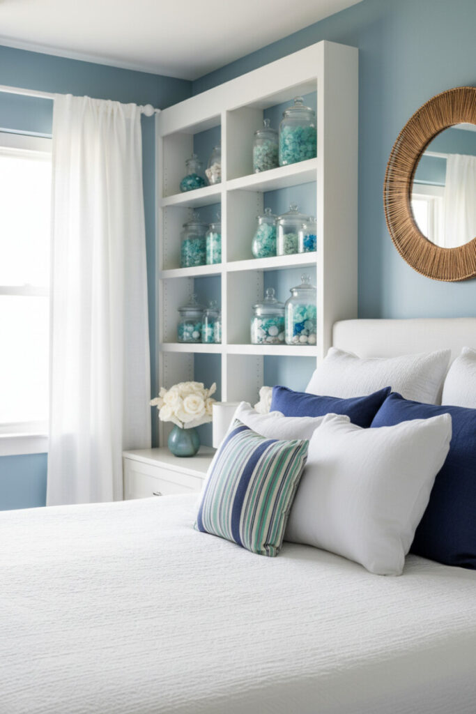 Built-in sea glass accents glowing turquoise and cobalt against Sea Salt walls, rope mirror, Hamptons calm.