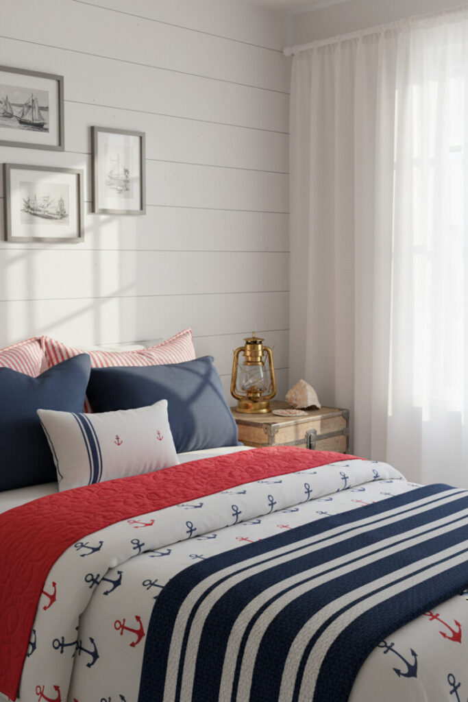Anchor-print bedding with striped throw and red quilt, shiplap wall gallery of sailing ship sketches, brass lantern glow.