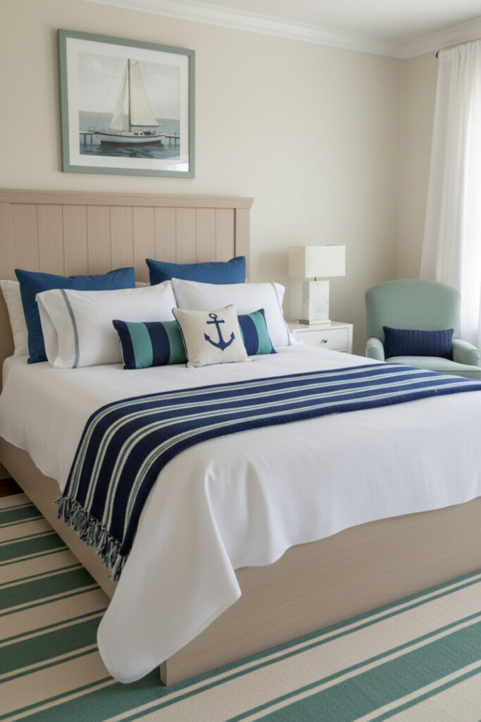 Seafoam and navy palette, striped runner and pillows, aquamarine chair, pale sand walls, diffused sunlight.
