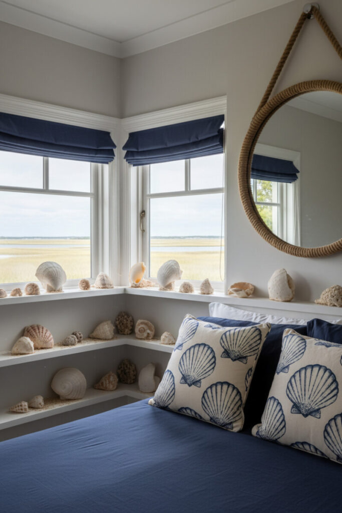 Window ledge of seashells and sand under indigo linens, rope mirror, navy Roman shades, marsh view serenity.