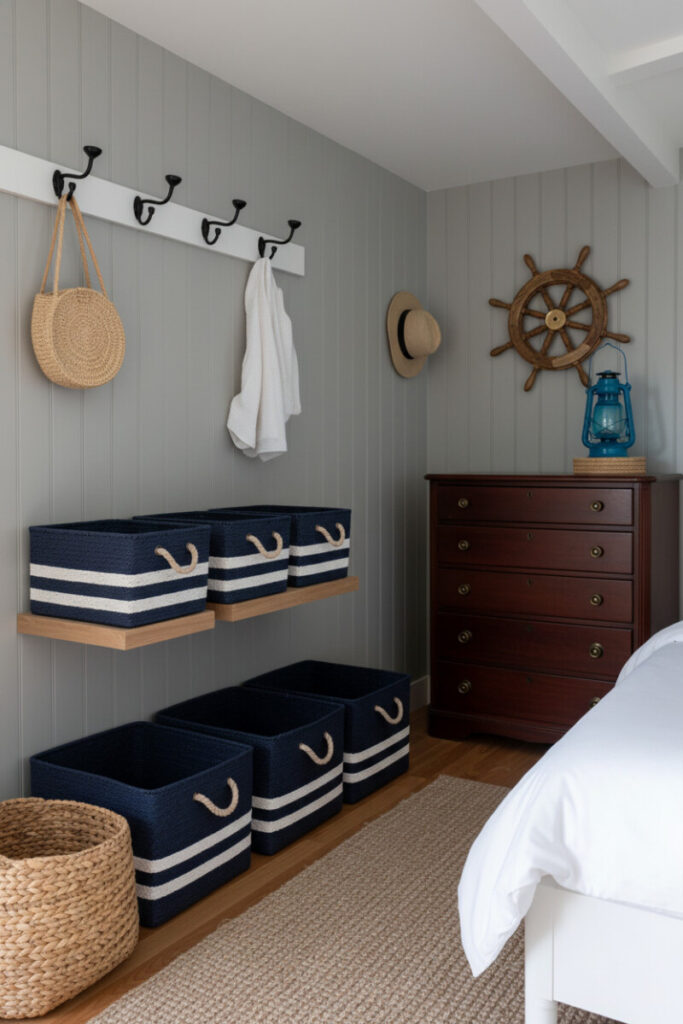 Neat storage with rope-handled navy bins, mahogany dresser, turquoise lantern, hooks for tote and hat — smart nautical bedroom ideas for small spaces setup.