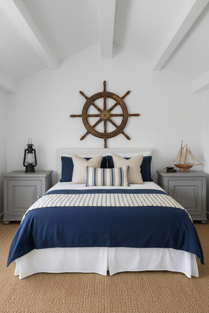 Ship wheel over white headboard, navy duvet, striped runner, distressed nightstands, exposed beam ceiling.