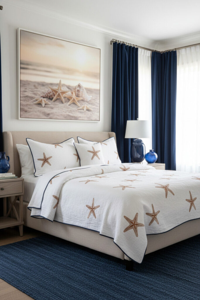 Starfish embroidery, navy velvet drapes, coastal artwork, gray-washed nightstands, textured marine rug.