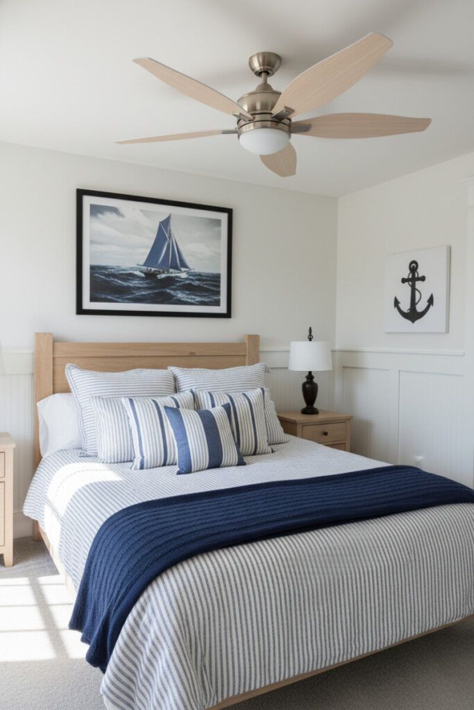 Striped sheets in pale denim and navy, cable-knit throw, bronze lamps, sailboat photograph, sunlit calm.