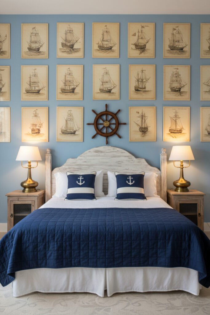 Vintage maritime posters grid over shiplap headboard, navy quilted coverlet, brass lamps, soft robin’s-egg tones.