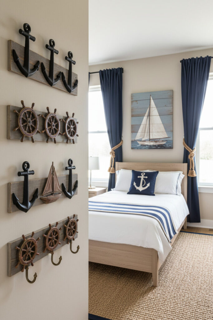 Rows of anchor and ship-wheel hooks on distressed wood beside oak frame with navy striped runner, airy daylight.