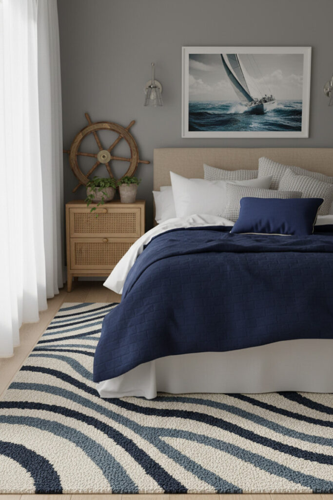 Wave rug in ivory, slate, indigo under navy coverlet; cane nightstand, yacht artwork, bright soft sunlight.