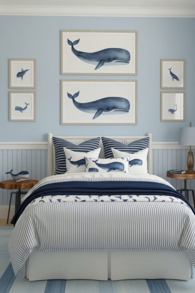 Whale artwork gallery above striped duvet, navy throw, whale pillows, rustic tables, tranquil coastal tone.