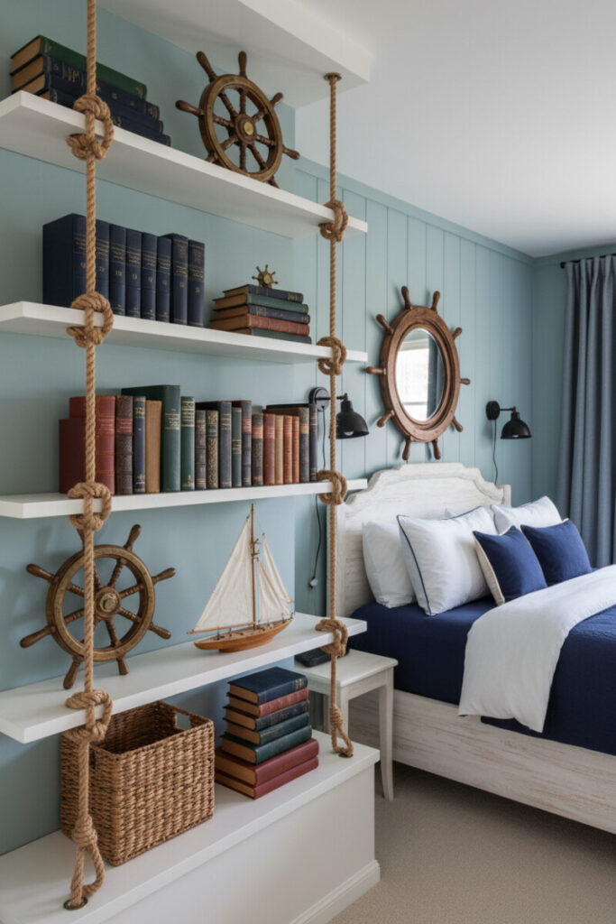 Rope-hung bookshelves filled with antique novels and ship wheels beside a whitewashed bed; serene nautical interior design detail.