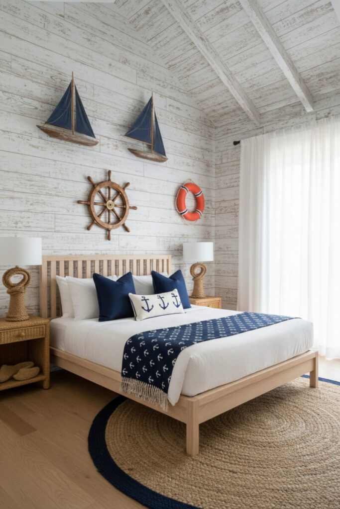 Whitewashed planks with rattan nightstands, rope-base lamps, ship wheel, sailboats, life preserver, jute rug — sophisticated Hamptons style nautical bedroom finish.