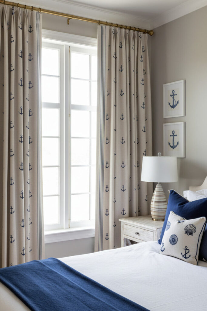 Taupe linen curtains patterned with tiny anchors, striped lamp, crisp bedding with navy accents in bright coastal light.