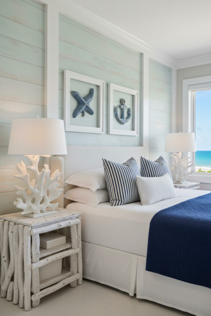 Seafoam shiplap, driftwood nightstands, white coral lamps, striped pillows, turquoise ocean view — refined coastal style.