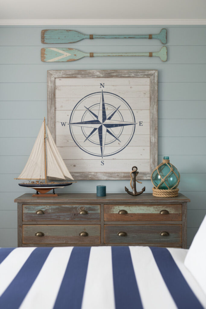 Compass rose wall art above reclaimed dresser with oars and glass fishing float, richly textured rope and wood tones.
