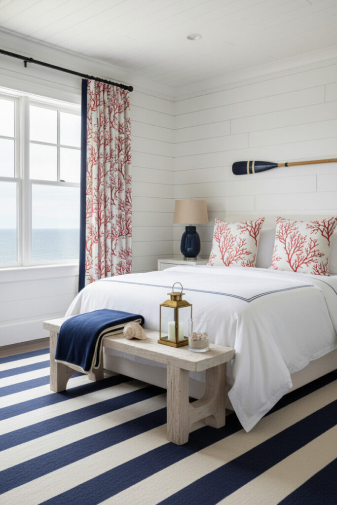 White shiplap with coral-print linens, bench and brass lantern, striped rug; clean, airy coastal bedroom decor aesthetic.