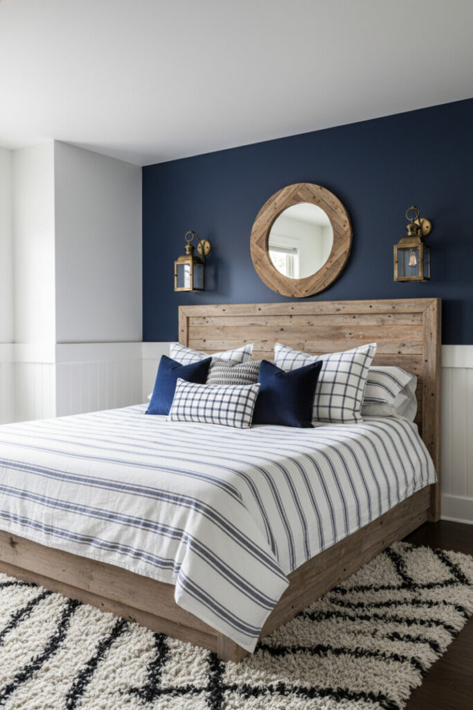 Driftwood headboard and navy wall, rope mirror, brass lantern sconces, striped linens, high contrast daylight.