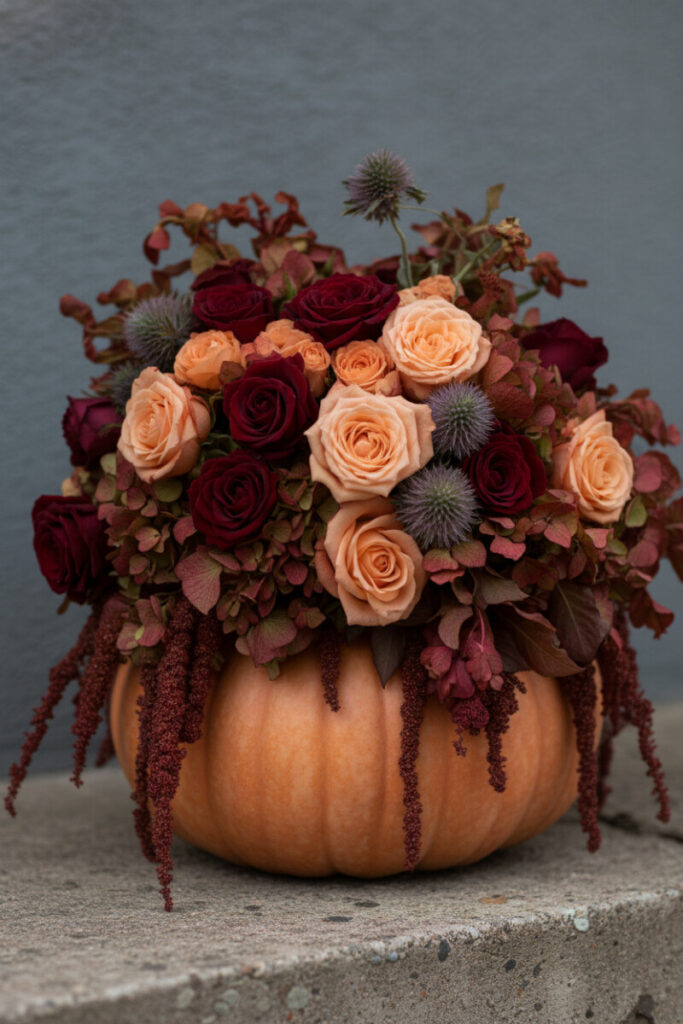 Moody autumn still life of a pumpkin vase overflowing with burgundy roses, peach blooms, and cascading crimson amaranthus on a rustic ledge.