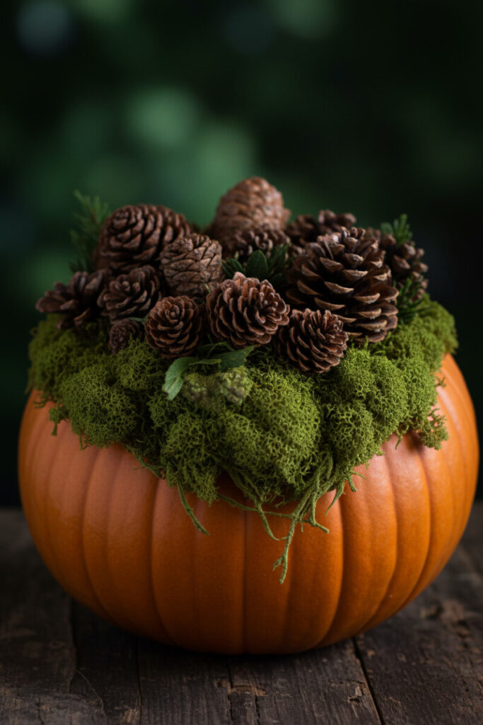 Earthy pumpkin filled with reindeer moss, pinecones, and evergreen sprigs — a woodland-inspired autumn floral decor piece.