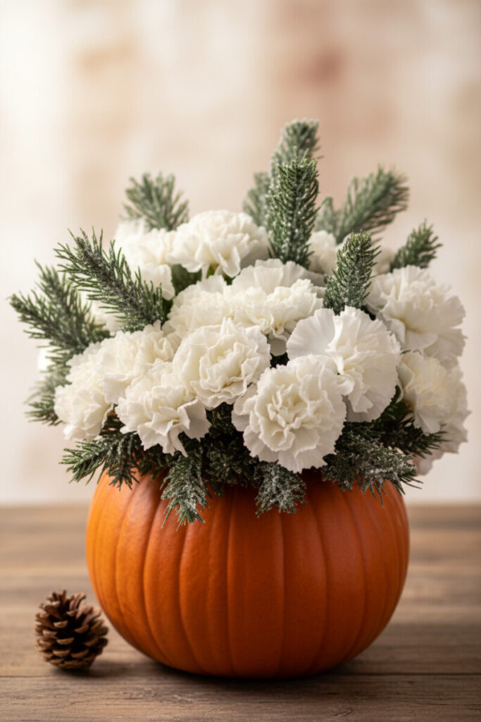 White carnations and pine sprigs arranged inside an orange pumpkin, glowing softly in diffused winter sunlight.