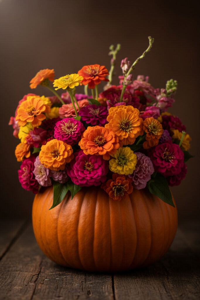 Rich pumpkin bouquet bursting with zinnias and tall snapdragons in warm jewel tones, rustic wooden background.