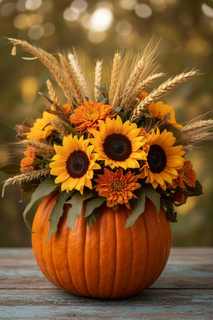 Pumpkin vase filled with bright sunflowers and golden wheat stalks, glowing under warm natural light — ideal for DIY pumpkin flower arrangements for home decor.
