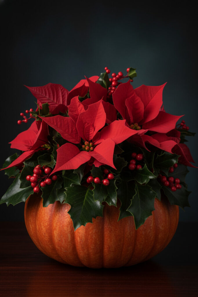 Pumpkin used as a festive vase for red poinsettias and holly berries, blending harvest warmth with holiday spirit.