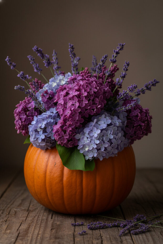 Soft purple lilacs, blue hydrangeas, and sprigs of lavender arranged in a rustic orange pumpkin, dreamy pastel color palette.