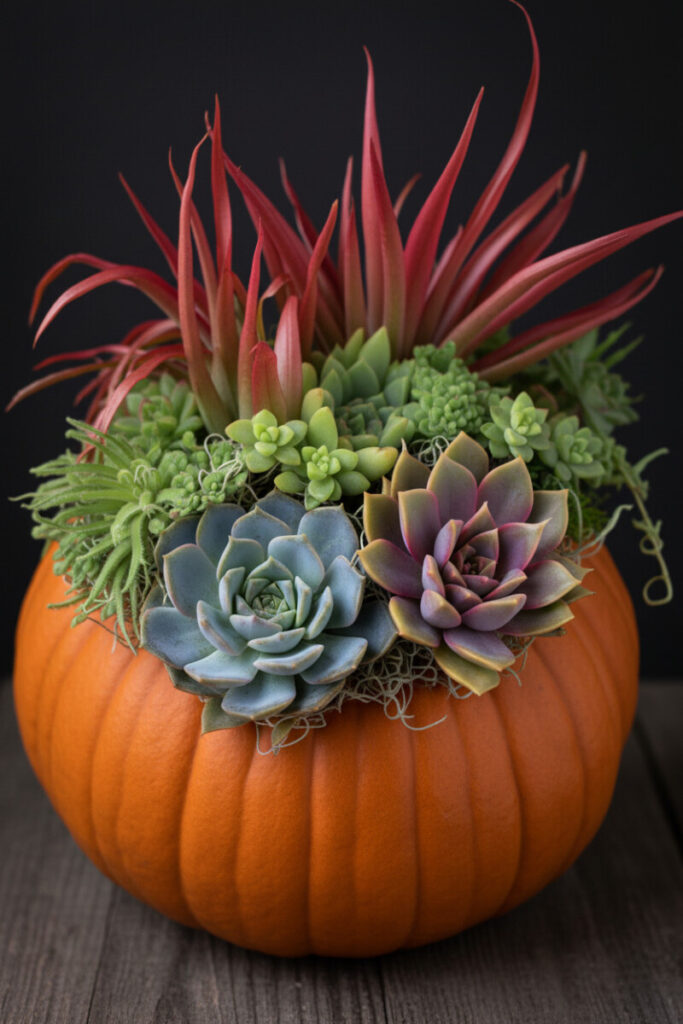 Contemporary pumpkin planter with cool-toned succulents, air plants, and moss — minimalist modern autumn centerpiece.