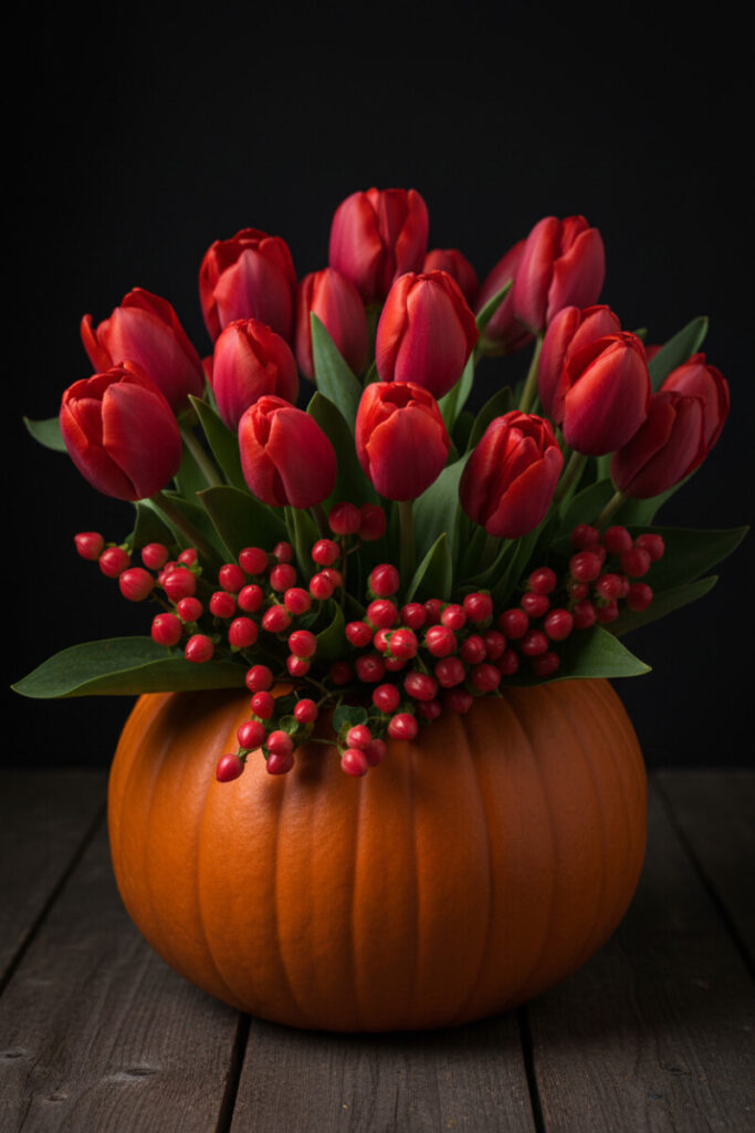 Pumpkin floral arrangement with crimson tulips and clusters of red hypericum berries, dramatic lighting and rich textures.