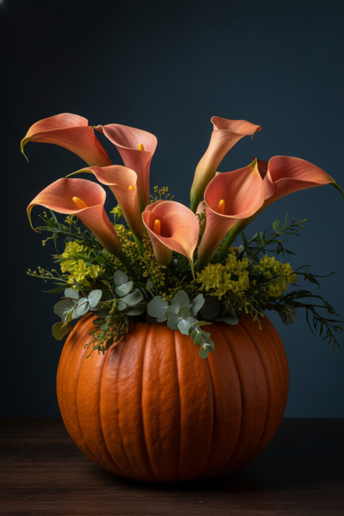 Elegant calla lilies and soft greenery rising from a matte orange pumpkin, serene and graceful floral composition.