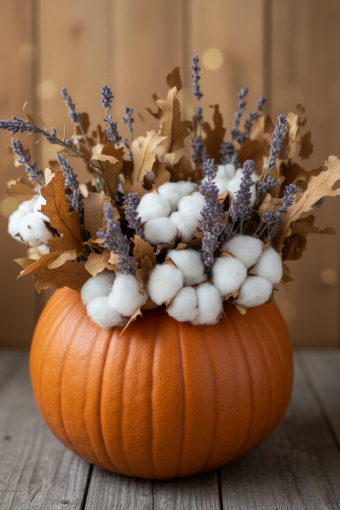 Weathered pumpkin vase filled with dried lavender, cotton stems, and golden leaves — vintage-inspired autumn decor.