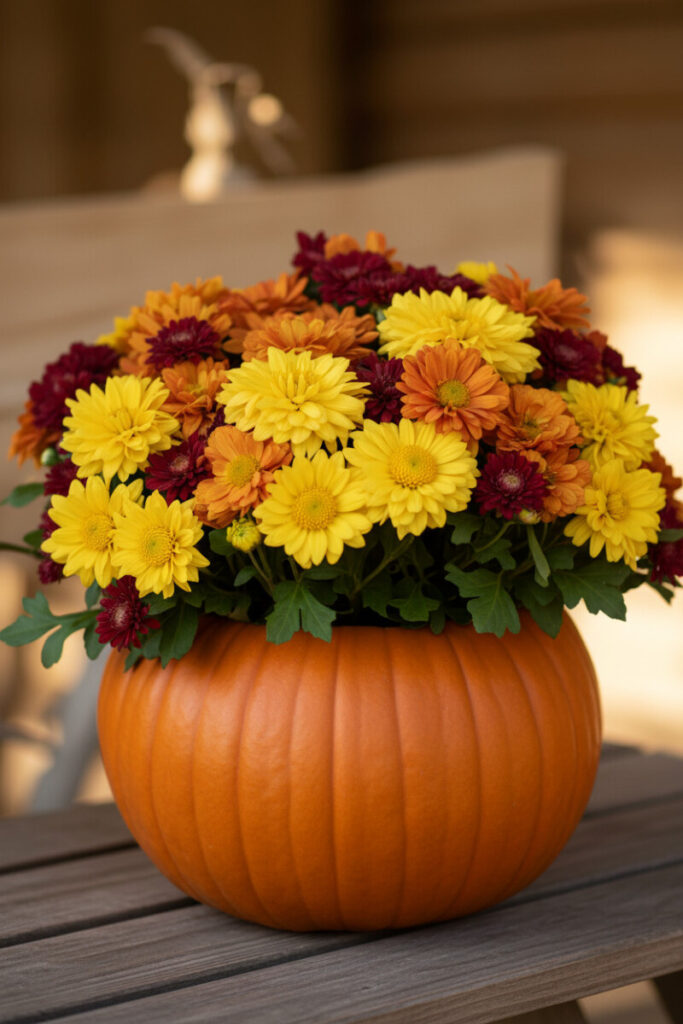 Vibrant orange pumpkin filled with yellow chrysanthemums and burgundy asters, glowing in soft golden hour light — a cheerful seasonal centerpiece idea.