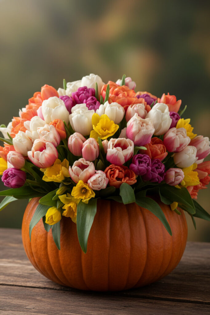 Cheerful pumpkin arrangement with yellow daffodils and coral tulips, symbolizing renewal amid fall’s warmth.