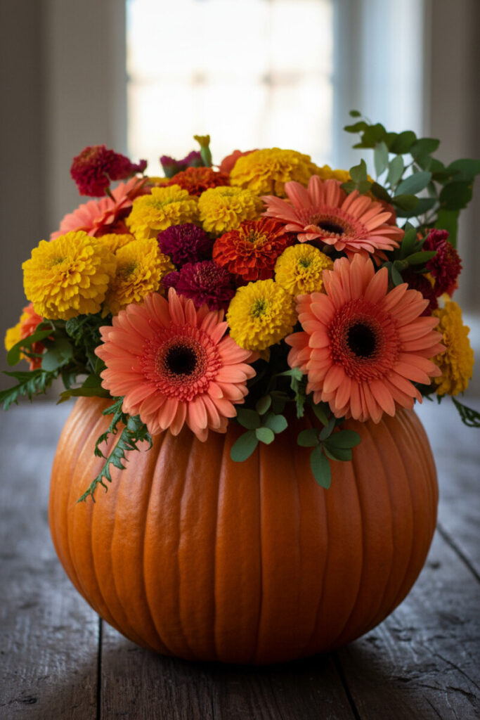 Vivid pumpkin flower arrangement combining orange Gerbera daisies and golden marigolds in radiant sunset hues.