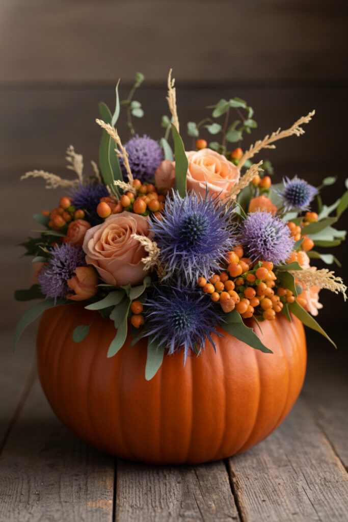 Detailed still life of pumpkin centerpiece with blue thistles, peach scabiosa, and dried grasses — creative fall pumpkin vase idea.