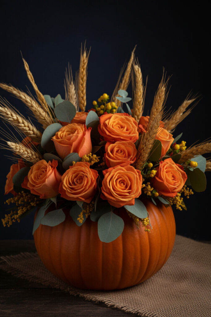 Pumpkin centerpiece overflowing with orange roses and golden wheat stalks, perfect for holiday tables and seasonal centerpiece ideas.