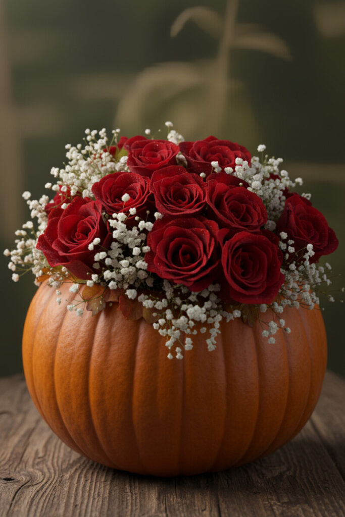 Classic combination of red roses and white baby’s breath elegantly arranged inside a bright orange pumpkin.